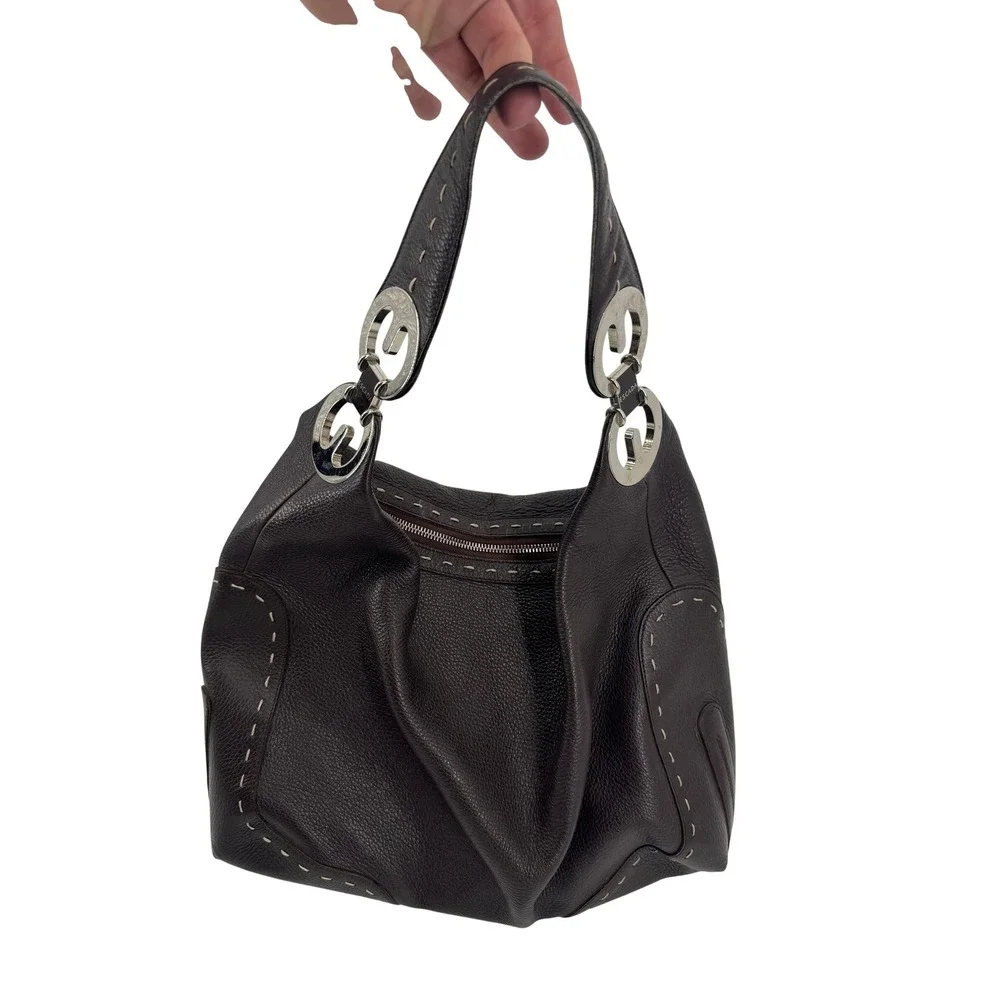 Vintage Escada Hobo Bag Purse L Brown Pebbled Leather Whipstitch Silver Italy